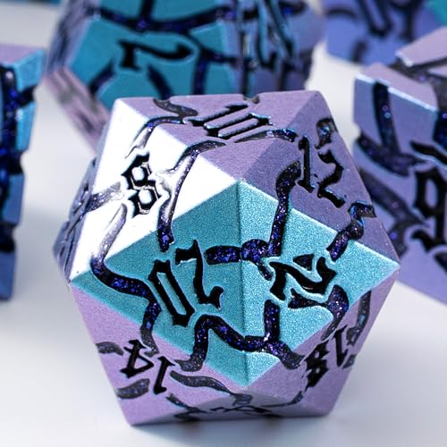 Metal Dice for DND - Ancient Cracked – Blue Shift Purple Glitter Cracks | Beautiful 7pc Polyhedral Dice Set, Smooth Rolling, Role Playing Games (RPG), Compatible with D&D, for Dungeons and Dragons - color: Blue Purple With Purple Glitter