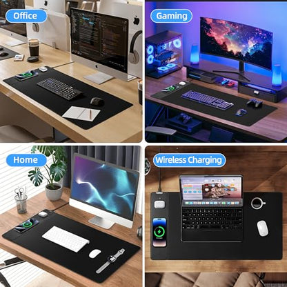 Wireless Charging Mouse Pad, Gaming Desk Mat with 20W Adapter, 31.5"x15.7" | Large XXL Desk Pad, Non-Slip Rubber Base, Ultra-Smooth Surface, Waterproof Computer Keyboard Pad for Home Office, Black - color: Black (Power Adapter)