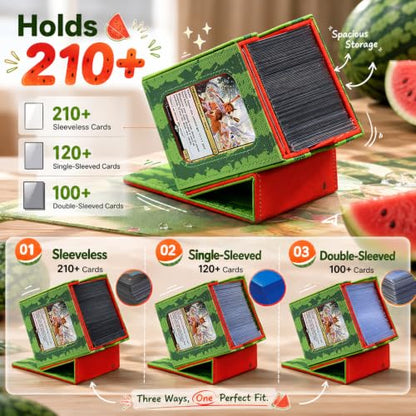 Watermelon Themed Deck Box with Commander Display Window | Holds 120 Single/100 Double-Sleeved Cards, Fit MTG/PTCG/OPTCG Cards, Strong Magnet, PU Leather, With 2 Dividers & 1 Toploader - color: Watermelon