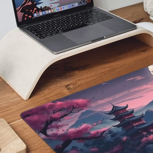Japanese Landscape Gaming Mouse Pad, 35.4 x 15.7 inches, Extended Desk Mat with Non-Slip Base, Cherry Blossom Design - color: Pink Mountain Night View