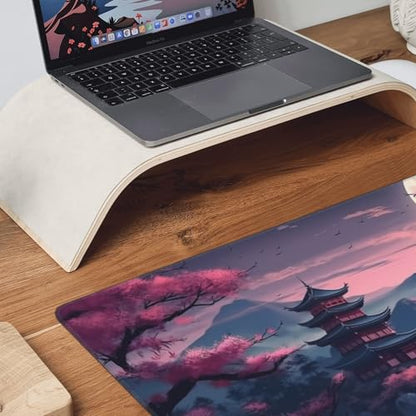 Japanese Landscape Gaming Mouse Pad, 35.4 x 15.7 inches, Extended Desk Mat with Non-Slip Base, Cherry Blossom Design - color: Pink Mountain Night View