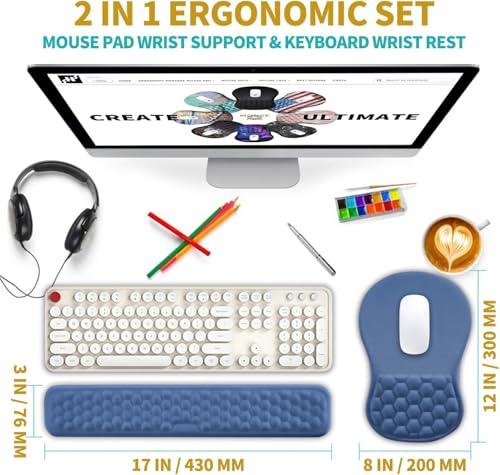 Hokafenle 2 in 1 Ergonomic Mouse Pad Wrist Support & Wrist Rest for Computer Keyboard Set, with Relieve Carpal Tunnel Pain Massage Bulge and Full Memory Gel Design (2In1 Set, Midnight Blue) - color: Hk019-midnight Blue