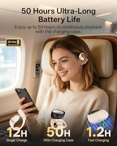 Open Ear Earbuds, Over Ear Headphones with Ear Hooks, True Wireless Bluetooth 6.0 Earphones, Stereo Sound, Ultra-Comfort, 50H Playback, IPX7 Waterproof Ear Buds with Mics for Running Sports - color: White