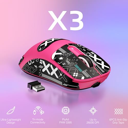 MANBASNAKE × ATTACK SHARK X3 Wireless Gaming Mouse, 49g Lightweight Triple Mode Ergonomic Computer Mouse, PAW3395 26K DPI Sensor,200h Battery Life, Griptape Programmable Buttons for PC/Mac/Win (Berry) - color: Berry & Griptape