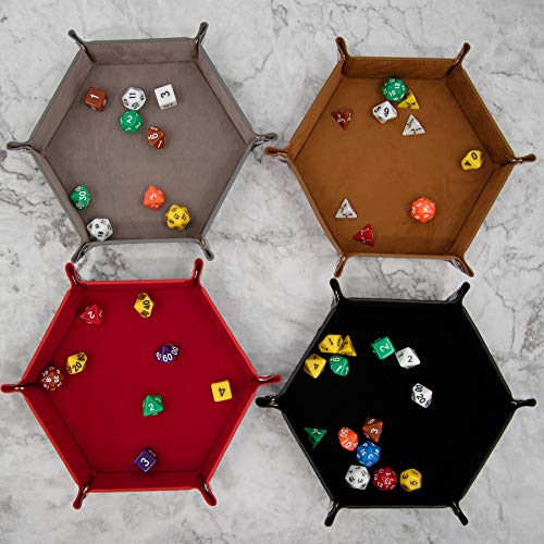 SIQUK 4 Pieces Dice Tray Hexagon Dice Rolling Holder Folding PU Leather Dice Trays for Dice Games Like RPG, DND and Other Table Games (Gray, Camel, Red and Black) - color: Gray, Camel, Red and Black