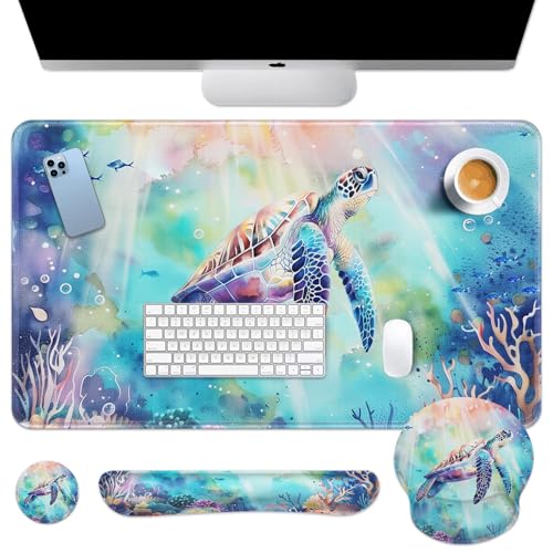Britimes Sea Turtle Cute Ocean Keyboard Mouse Pad Set 4in1 Large Mousepad+Keyboard Wrist Rest+Mouse Wrist Rest+Coaster Set with Ergonomic Design for Home Office Computer 35.4x15.7 inches - color: Sea Turtle