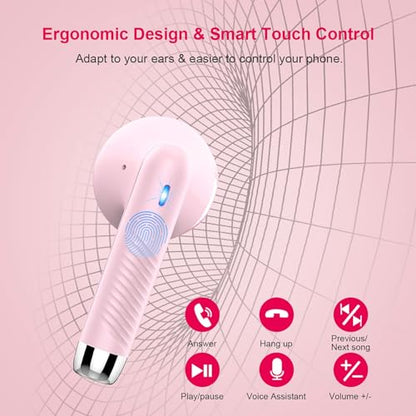 Wireless Earbuds, Bluetooth 5.4 Earbuds Stereo Bass, Bluetooth Headphones in Ear Noise Cancelling Mic, Wireless Earphones IP7 Waterproof Sports, 32H Playtime Mini USB C Charging Ear Buds Light Pink - color: light pink