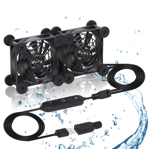 Dual 80mm Cooling Fan 10-Speed IPX5 USB 5V/DC 12V for Router Xbox | Dual 80mm fan, 10-speed controller, USB 5V/DC 12V dual voltage. IPX5 waterproof, 15dB quiet, double ball bearing 60,000hrs.