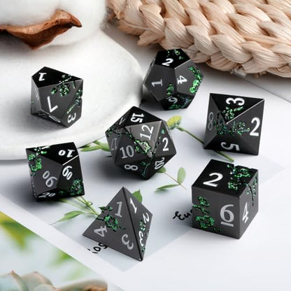 Glitter Green DND Metal Dice, DNDND 7 PCS Flower Metallic DND Dice Set with Gorgeous Gift Case for Dungeons and Dragon Tabletop Game (Matte Black with Glitter Green Flower) - color: Flower Glitter Green