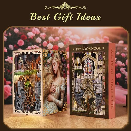 MiniCity Book Nook Kit - DIY Miniature House 3D Wooden Puzzle for Adult and Teens, Booknook Bookshelf Decor Scale Model Build with LED Light, Gifts for Family and Friends (Sleeping Beauty) | 7.1 x 4.3 x 9.1 in; 210 pieces, LED and dust cover; glue/tools a