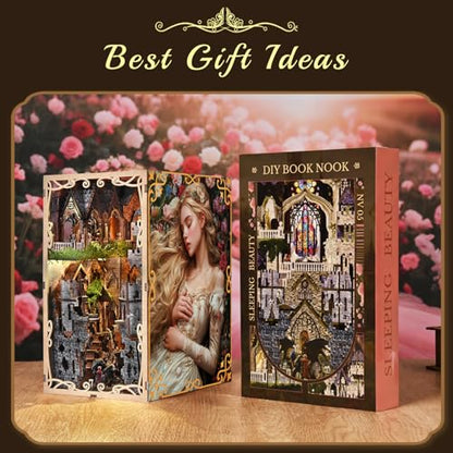 MiniCity Book Nook Kit - DIY Miniature House 3D Wooden Puzzle for Adult and Teens, Booknook Bookshelf Decor Scale Model Build with LED Light, Gifts for Family and Friends (Sleeping Beauty) | 7.1 x 4.3 x 9.1 in; 210 pieces, LED and dust cover; glue/tools a