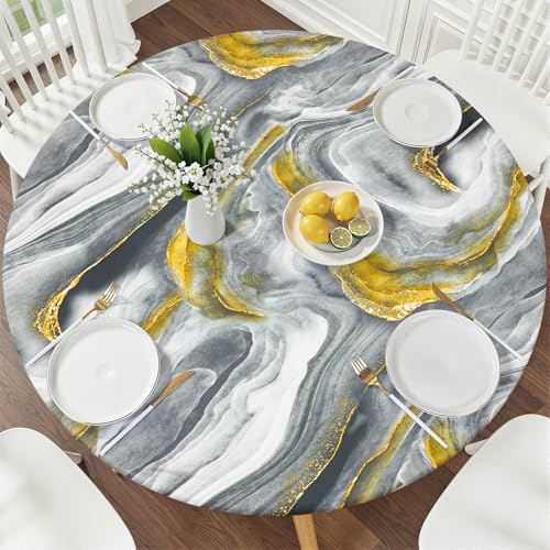 Smiry Round Picnic Tablecloth, Waterproof Elastic Fitted Table Covers for 36" - 44" Tables, Wipeable Flannel Backed Vinyl Tablecloths for Camping, Indoor, Outdoor, Grey Ripples - color: Grey & Gold, size: For Up to 36"-44" Round