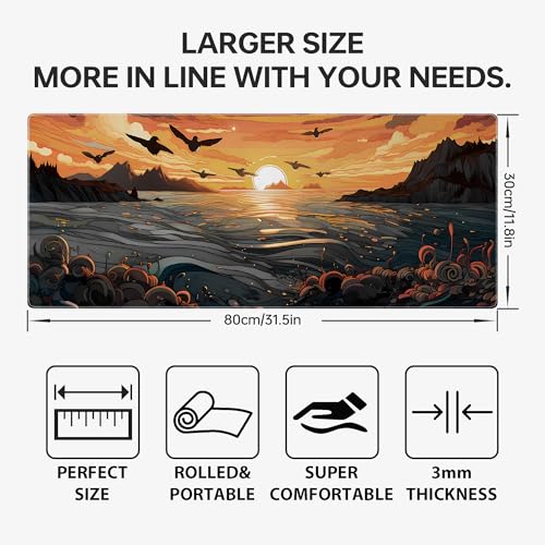 Japanese Sea Waves Large Gaming Mouse Pad,Anime Mouse Pad Gaming Mouse Mat Desk Pad,31.5 x 11.8in Desk Mat Mouse Pads for Desk,Extended Keyboard Pad XL Mousepad with Non-Slip Base and Stitched Edge - color: Japanese Sunset Waves