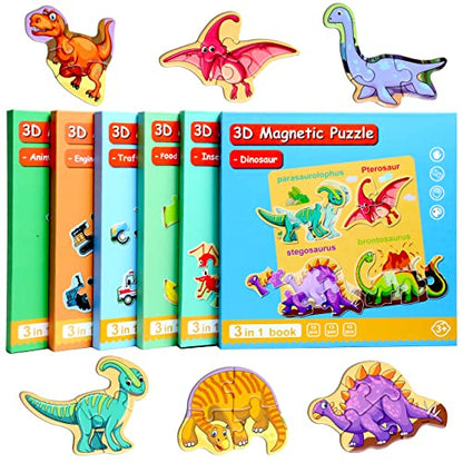 Magnetic Puzzles for Kids Ages 3-5, Travel Toddler Dinosaur Puzzle Toy | Refrigerator Magnet Game for Ages 4-6, Learning & Birthday Gift for Boys, Car & Airplane Road Trip Quiet-Time Activity Toys - style: Dinosaur