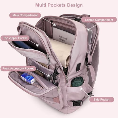 PIJUSHI Casual Travel Backpack for Women with 16" Padded Laptop Compartment | Carry On Luggage with USB Charging Port, 1680D Water-Resistant Nylon, Airline Approved, For Daily, Hiking - color: Ashen Purple