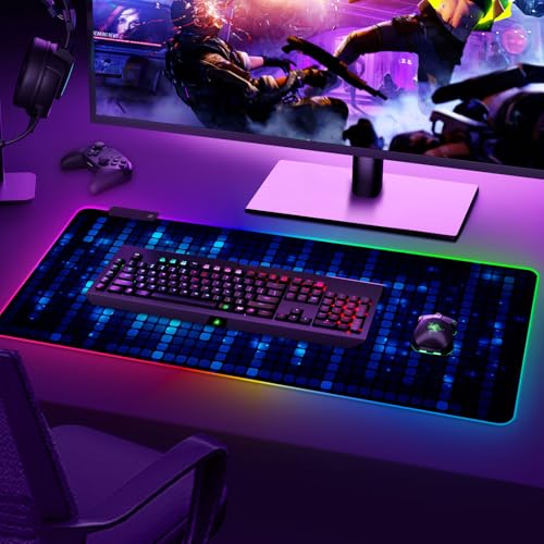ARTSO Blue RGB Gaming Mouse Pad, XXL Mousepad Non-Slip Rubber Base, Cool Computer Desk Pad Keyboard Mat LED Glowing Square Extended Mouse Pad for Gamer - color: Blue Glowing Square