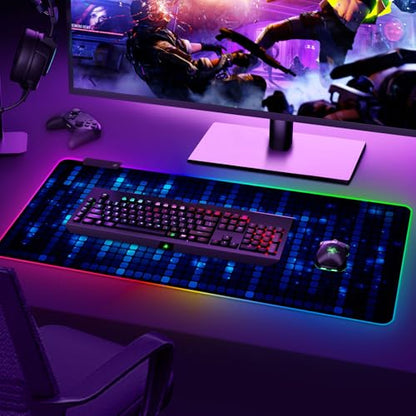 ARTSO Blue RGB Gaming Mouse Pad, XXL Mousepad Non-Slip Rubber Base, Cool Computer Desk Pad Keyboard Mat LED Glowing Square Extended Mouse Pad for Gamer - color: Blue Glowing Square