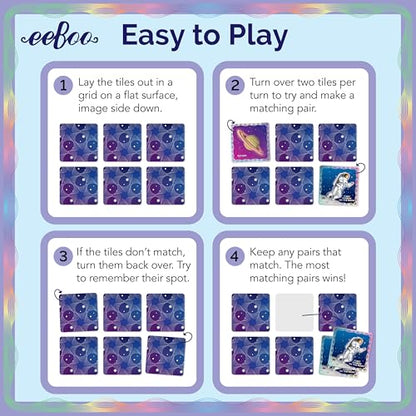 eeBoo Shiny Space Memory & Matching Game, Ages 5+, 1-6 Players | Introduces space & science vocabulary. Sharpens recognition, concentration & memory skills. Includes 48 foil tiles, 24 pairs - style: Shiny Space