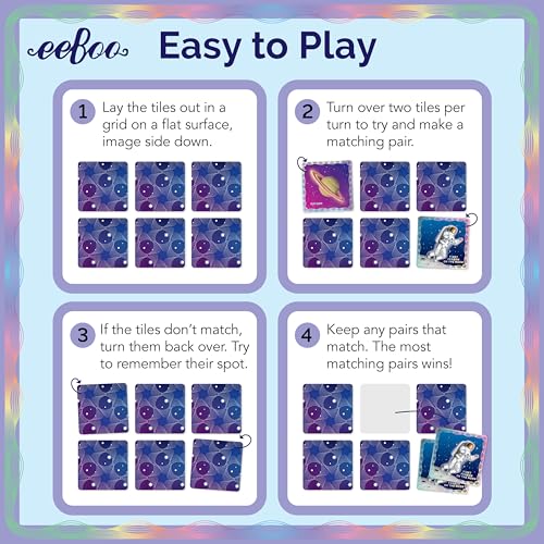 eeBoo Shiny Space Memory & Matching Game, Ages 5+, 1-6 Players | Introduces space & science vocabulary. Sharpens recognition, concentration & memory skills. Includes 48 foil tiles, 24 pairs - style: Shiny Space