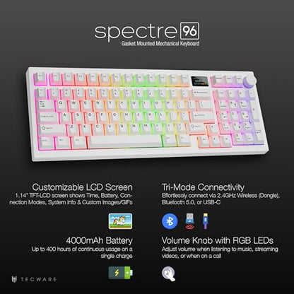 TECWARE Spectre 96% RGB Mechanical Gaming Keyboard | Customizable LCD Screen | Tri-Mode Wireless with Knob | Gasket Mount | South Face 5-Pin Hot-Swappable Sockets | White Cocoa Brown Switch - color: Cocoa Brown