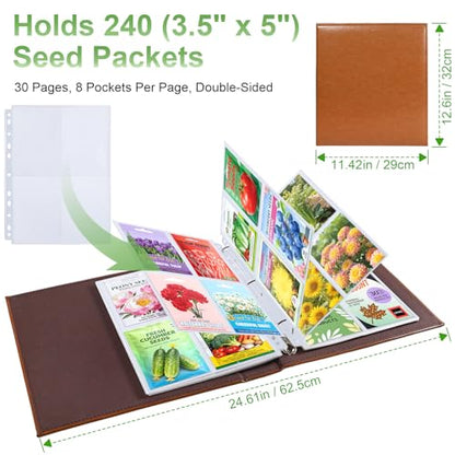 A4 3 Ring Binder Garden Seeds Storage Album with 30 Pcs 3.5x5” Seed Packet Sleeves, PU Leather Hardcover Organization Book for Seed Packet，Photo, Index Card，240 Top Loading Pockets Capacity - color: Brown Seed Album
