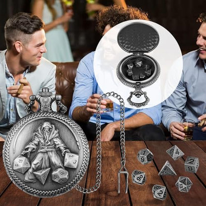 Mini DND Dice Set, Hand Held Dice Wizard Pocket Watch Shell Case, 7 Piece Polyhedral Metal D&D Dice Set, DND Gifts with Gift Box, Role Playing Board Game Accessories, Dark Silver - color: Dark Silver
