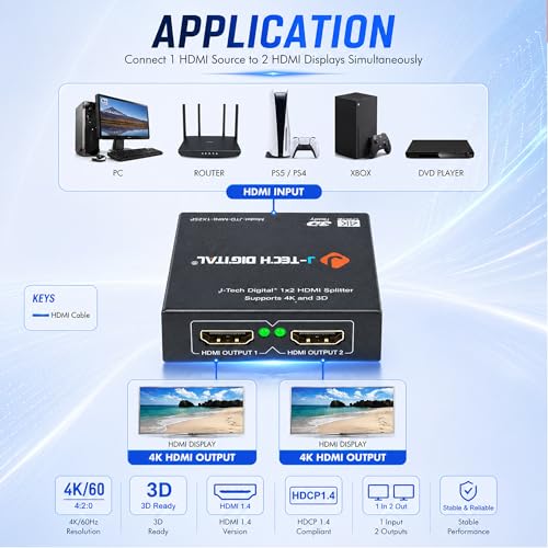 4K@60 HDMI Splitter 1 in 2 out 1X2 Powered Splitter for Dual Monitors by J-Tech Digital [JTD-MINI-1X2SP]