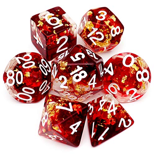 Haxtec DND Dice Set 7PCS Polyhedral D&D Dice for Roleplaying Games, Red Clear Gold Foil Resin Dice with Velvet Pouch for Dungeons and Dragons, Great DND Gift for Gamers & DM Masters - color: Red Clear