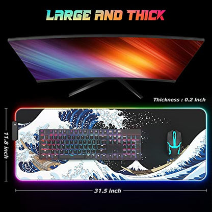 ITNRSIIET RGB Gaming Mouse Pad, Full Desk XL Extended Large Gaming Mousepad, 12 Lighting Modes 30% Thicker Big LED Desk Mat for Gamers, 32 x 12 inches, Japanese Waves - color: Japanese Waves