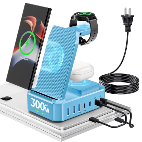 300W Wireless Charger for Samsung,Zutspzss 10 in 1 Wireless Charging Station, 65W USB C Fast Charging Stand for Samsung S25 Ultra/S24/S23/S22/Z Fold,Galaxy Watch Ultra7/6/5,Galaxy Buds,Blue - color: Blue