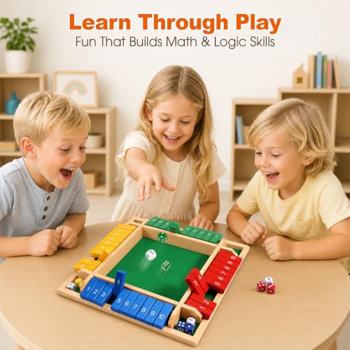 Shut the Box Game, 8.7" Portable Wooden Board Game with Upgraded Mechanics (+, −, +/−, Re-Roll), Math Dice Game for Kids, 2–4 Players, for Classroom, Travel & On-the-Go Play
