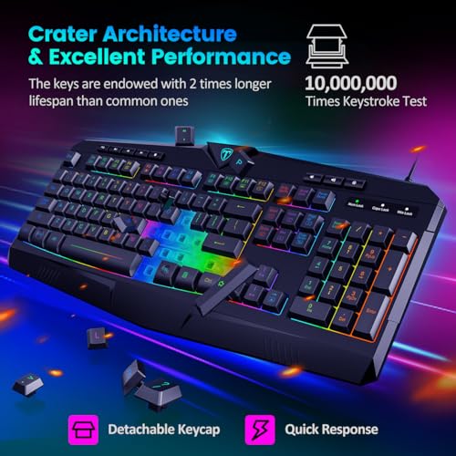 Gaming Keyboard, Full Size RGB Backlit Quiet Computer Keyboard, Wrist Rest, Silent Keys, Multimedia Keys, Anti-ghosting, Waterproof Light Up USB Wired Keyboard for PC Mac Xbox Gamer Office | Quiet Computer Keyboard, Wrist Rest, Silent/Multimedia Keys, Ant