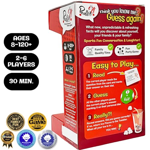 Really?! Games You Think You Know Me Fun Family Card Game for Adults Teens and Kids, 100 Question Cards with 500 Answers, Guessing Game with Number Dials and Score Keeping