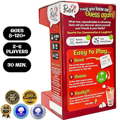 Really?! Games You Think You Know Me Fun Family Card Game for Adults Teens and Kids, 100 Question Cards with 500 Answers, Guessing Game with Number Dials and Score Keeping