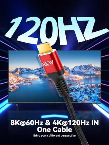 SKW 8K@60 Long HDMI Cable 16.4FT/5M, 48Gbps 2.1 High Speed Gaming HDMI Cord 4K120 144Hz RTX 3090 eARC HDCP 2.2&2.3 Compatible for PS5, SoundBar, AVR, UHD TV - size: 16.4ft/5m