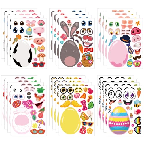 24 Sheets of Easter Stickers for Kids: 6 Unique Colorful Eggs Designs for Easter Basket Stuffers, Decorative Party Favor Activities and Craft Supplies, Make A Face Stickers for Girls and Boys - style: Easter