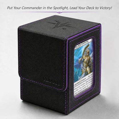 MTG Deck Box with Commander Display Window (Black＆Purple, 1 window) | Holds 120 Single/100 Double-Sleeved Cards, Fit MTG/PTCG/OPTCG Cards, Strong Magnet, PU Leather, With 2 Dividers & 1 Toploader - color: Black and Purple
