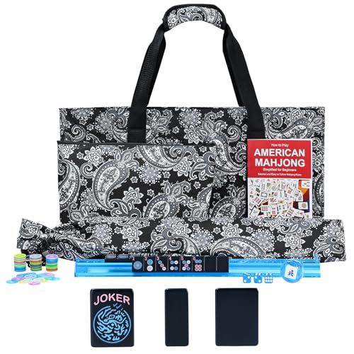 American Mahjong Game Set, 166 Black Tiles (1.2”), 4 All-in-One Color Rack/Pushers & Drawstring Bag, Complete Mahjong Set with Black Carrying Bag and Mahjong Tiles Set Accessories - color: Black