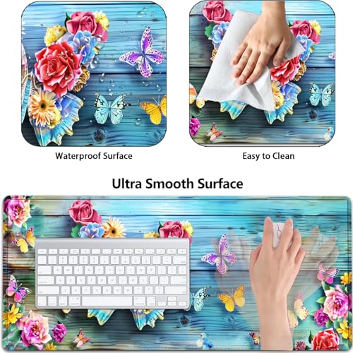 Large Gaming Mouse Pad+ Keyboard Wrist Rest Set, Ergonomics Memory Foam Mouse Mat Wrist Rest Support for Home Office, Waterproof Extended Mousepad 31.5x11.8in, Woodblock Flower Butterfly Desk Pad - color: Yvb-mousepad-9-f-151