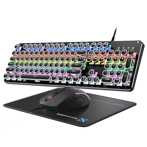 Typewriter Mechanical Gaming Keyboard and Mouse, 104-Key Full Size Retro Keyboards Metal Panel Punk Round Keycap Clicky Blue Switch with RGB Backlit Mouse and Pad Combo for PC Laptop Mac Gamer, Black - color: Black
