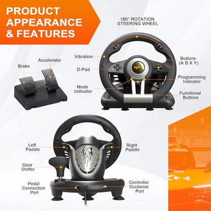 PXN V3 Pro Gaming Steering Wheel with Pedals | Dual Motor Vibration Feedback, Beginner Sim Racing Wheel for PC, PS4, Xbox Series S, Xbox Series X, Xbox One and Switch - color: Black
