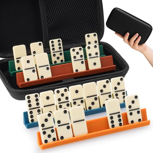 Dominos Set for Adults, Double 6 Dominoes 28 Tiles, 4 Silicone Racks | Anti-Slip Holders, Portable Travel Case, Color-Coded Dots, Classic Board Game for Family Game Night, Small - size: Small