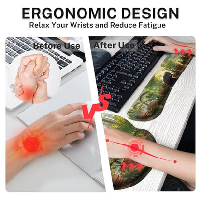 Britimes Cute Cat Keyboard Mouse Pad Set Green Plants 4in1 Large Mousepad+Keyboard Wrist Rest+Mouse Wrist Rest+Coaster Ergonomic Design for Home Office Computer 35.4x15.7 inches - color: Black Cat