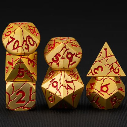 DND Dice Set Metal,Polyhedral D&D Metallic Heterotypic D and D Dice with Cracks for Dungeons and Dragons RPG TTRPG 7-Die Set with Gift Case (Crack, Gold and Red) - color: Gold and Red