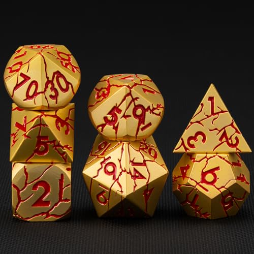DND Dice Set Metal,Polyhedral D&D Metallic Heterotypic D and D Dice with Cracks for Dungeons and Dragons RPG TTRPG 7-Die Set with Gift Case (Crack, Gold and Red) - color: Gold and Red