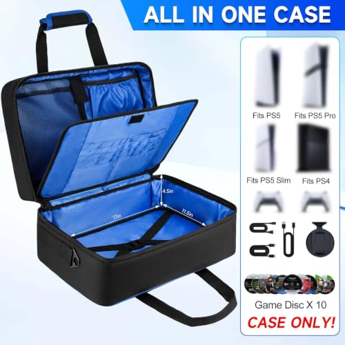 Carrying Case Compatible with PS5/PS5 Pro/PS4,17 Pockets Travel Storage Bag with Thick Padding Compatible with Playstation 5/PS5 Digital Edition,Controller,Game Discs,Charger & Accessories,Black,Blue | 17 Pockets Protective Storage Bag Compatible with Pla