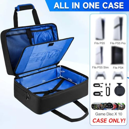 Carrying Case Compatible with PS5/PS5 Pro/PS4,17 Pockets Travel Storage Bag with Thick Padding Compatible with Playstation 5/PS5 Digital Edition,Controller,Game Discs,Charger & Accessories,Black,Blue | 17 Pockets Protective Storage Bag Compatible with Pla