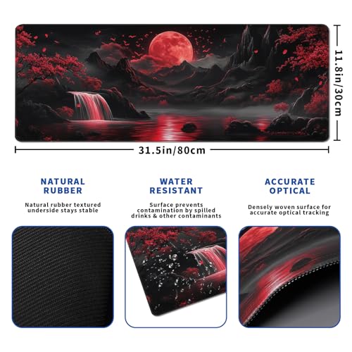 Darkness Red Moon Mouse Pad Abstract Red Mouse Pad 31.5x11.8 Inch Non-Slip Rubber Base Large Mousepad Stitched Edges Keyboard Mouse Mat Desk Pad for Office and Home(2) - color: Darkness Red Moon 2