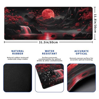 Darkness Red Moon Mouse Pad Abstract Red Mouse Pad 31.5x11.8 Inch Non-Slip Rubber Base Large Mousepad Stitched Edges Keyboard Mouse Mat Desk Pad for Office and Home(2) - color: Darkness Red Moon 2