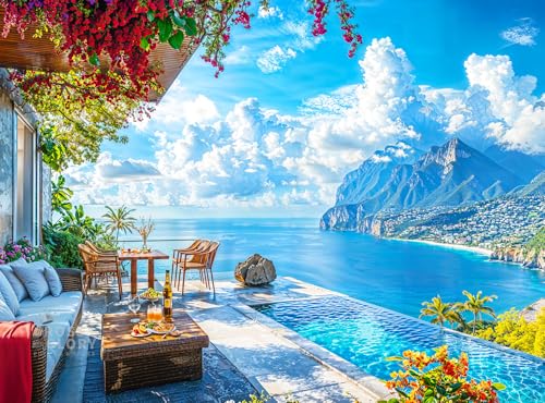 Cross & Glory | 1000 Piece Jigsaw Puzzles for Adults | Patio by the Sea | Serene Coastal Patio and Ocean View Puzzle | 2mm Thick Pieces | Bonus Reference Poster | Satin Finish | Ages 14+ - color: Patio By the Sea